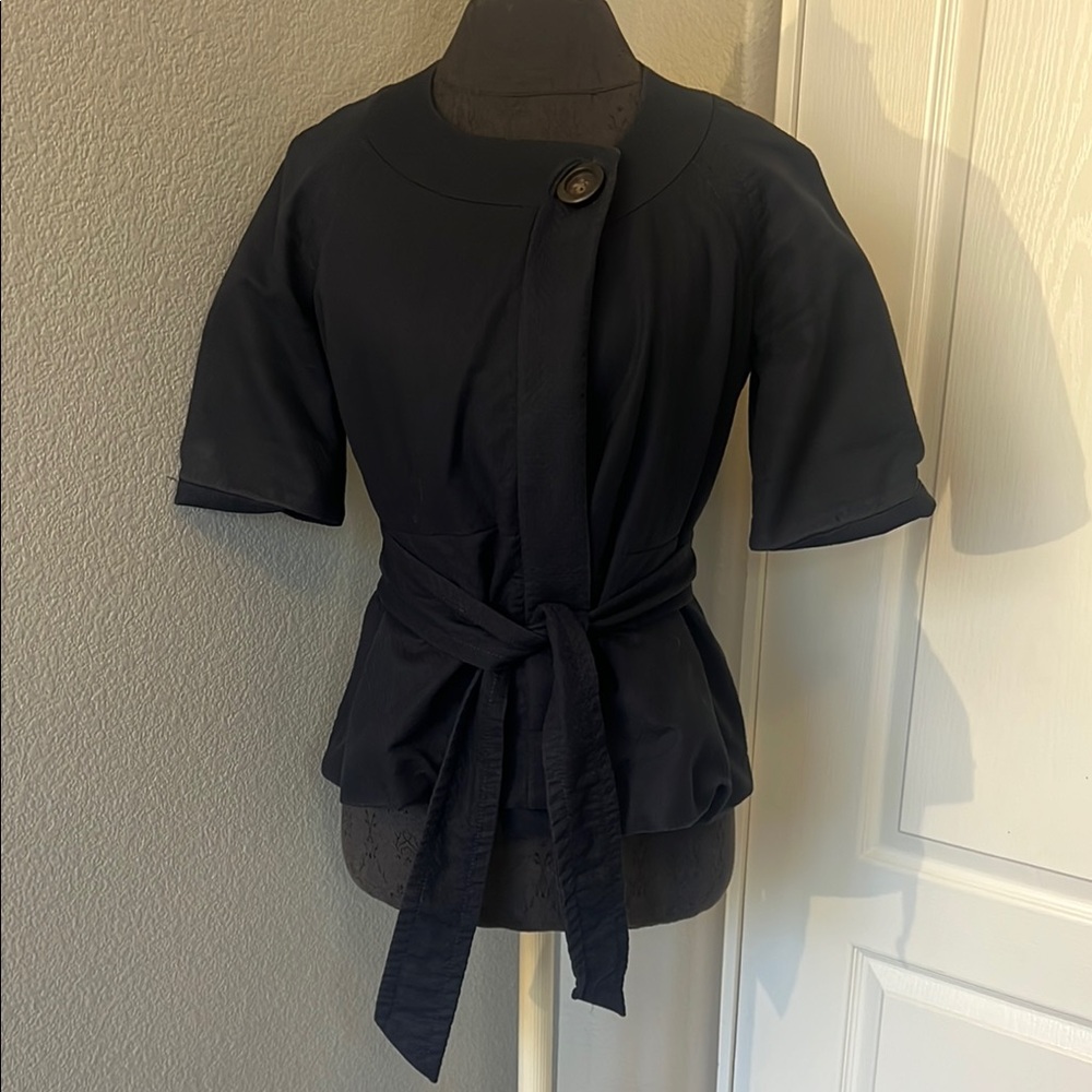 J. Crew Navy Textured Tie Front Button Cotton Belted Blouse Size 0